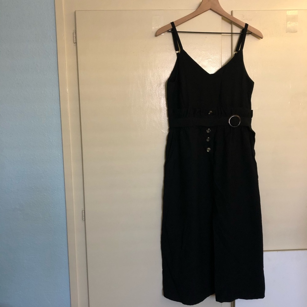 Black linen midi dress with front slit